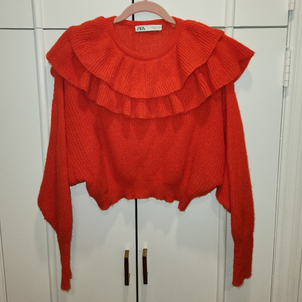 Zara ruffled cropped relaxed fit sweater, bright  red